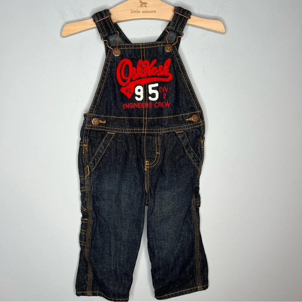 OshKosh Engineers Crew Toddler Boys Blue Denim‎ Overalls Snap Closure